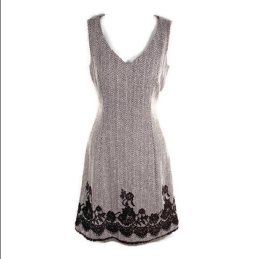 Kay Unger brown cream herringbone sleeveless dress X9